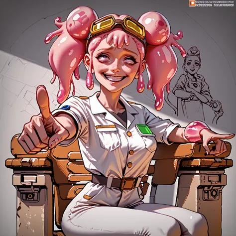 score_9, score_8_up, score_7_up, pink female slime alien (pink alien) , scientist, wear goggles, slime hair is in pig tails. Short, slim thicc. (She is smiling, rolling her eyes, pointing at viewer) (being a brat) (wearing a jump suit) ((zoom in on her fa...
