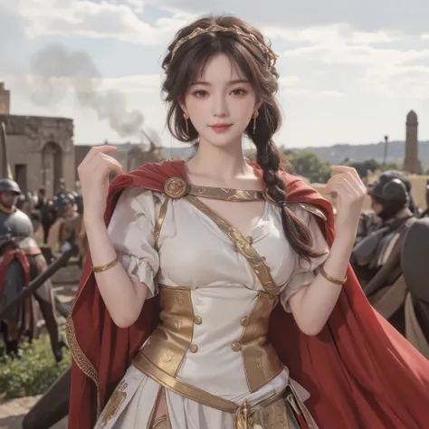 masterpiece, best quality, ultra-detailed  
1girl, cowboy shot (head to mid-thigh), solo focus  
beautiful and confident female Roman empress general  
standing on a battlefield, dynamic pose  
portrait-quality face, soft flawless skin  
symmetrical facial...
