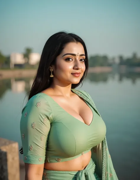 An indian 25 year girl with big breasts, wearing light green saree , standing near a lake