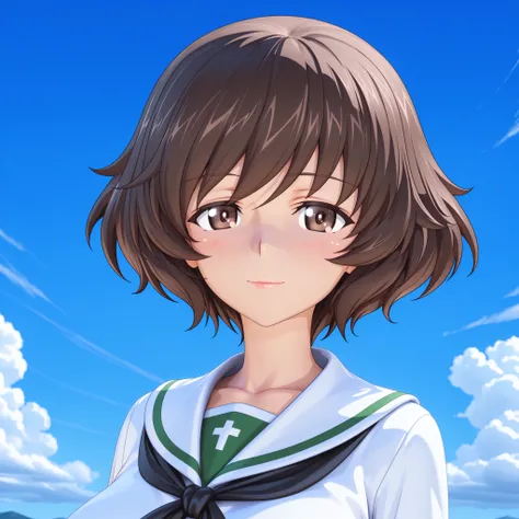 SFW, 8k, colorful, 3d , realistic, 3d render, Masterpiece, very aesthetic, elegant mature woman, Akiyama Yukari (girl und panzer), oarai school uniform (white), blue sky and anime clouds backgrounds, looking at viewer, , 