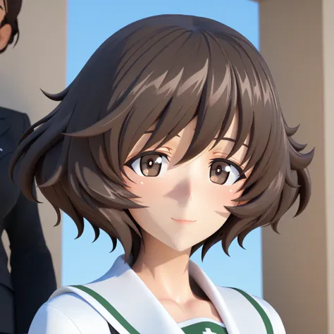 SFW, 8k, 3d , render in 3d, Masterpiece, very aesthetic, elegant mature woman, Akiyama Yukari (girl und panzer), blue sky background, looking at viewer, formal photo shot posture, white oarai school uniform, front view, upper body shot, face focus, slight ...
