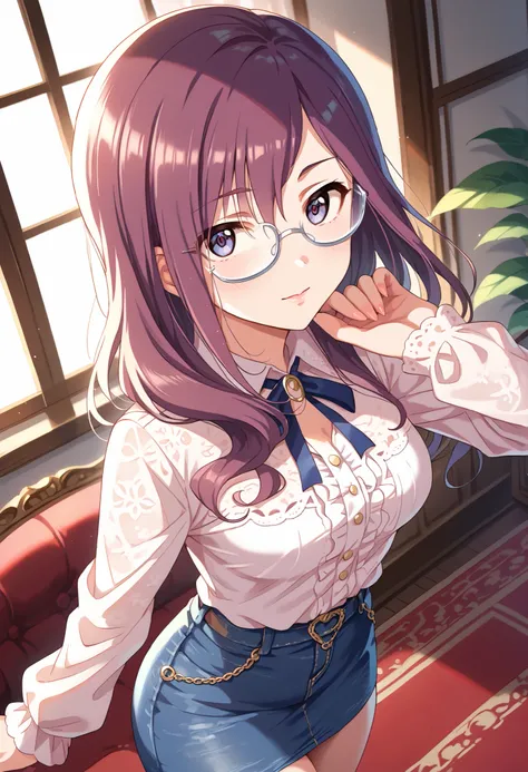 (((Yagami Makino))),Light purple blouse,denim tight skirt,(((medium breasts))),(slightly long hair),((angle from above)),thin thighs,purple hair,Ulchan-6500-v1.1, ( RAW photos :1.2), beautiful detailed, very detailedな目,beautiful eyes, beautiful eyes,file s...