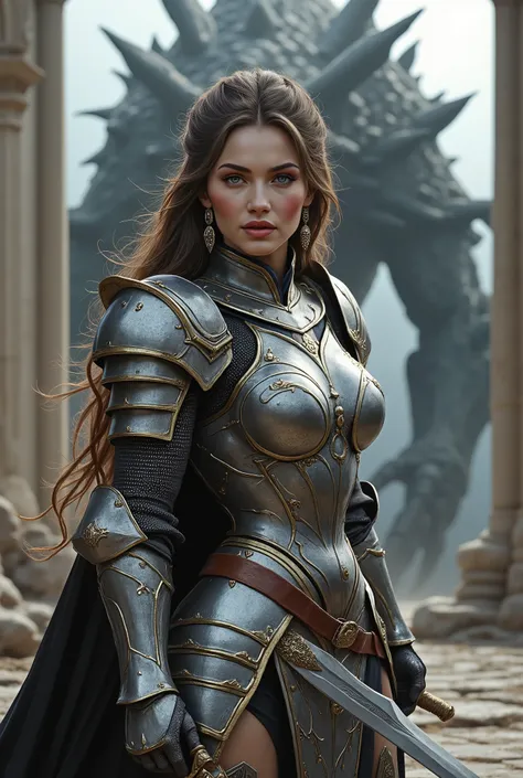 high definition , Realistic anatomy , best size , In detail , high detail , high quality , A girl in knight armor with a sword to fight the dragonLong hair , brown hair , Floating hair , Breasts , big breasts , earrings , makeup , blue eyes , Light blush ,...