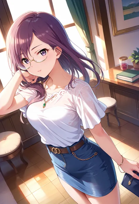 (((Yagami Makino))),light purple short sleeve blouse,denim tight skirt,Bare Chest,(((medium breasts))),(slightly long hair),((angle from above)),thin thighs,purple hair,Ulchan-6500-v1.1, ( RAW photos :1.2), beautiful detailed, very detailedな目,beautiful eye...