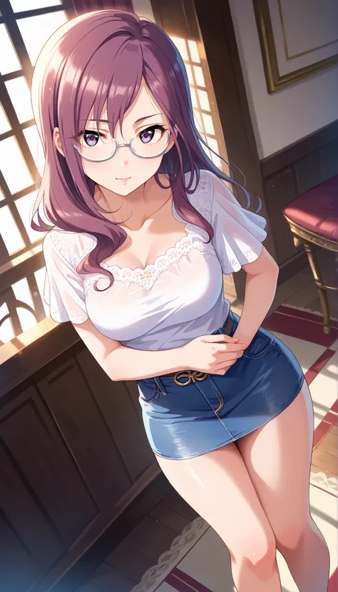 (((Yagami Makino))),light purple short sleeve blouse,denim tight skirt,Bare Chest,(((medium breasts))),(slightly long hair),((angle from above)),thin thighs,purple hair,Ulchan-6500-v1.1, ( RAW photos :1.2), beautiful detailed, very detailedな目,beautiful eye...