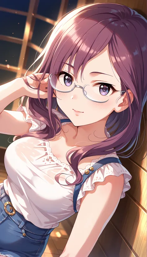 (((Yagami Makino))),light purple short sleeve blouse,denim tight skirt,Bare Chest,(((medium breasts))),(slightly long hair),((angle from above)),purple hair,Ulchan-6500-v1.1, ( RAW photos :1.2), beautiful detailed, very detailedな目,beautiful eyes, beautiful...