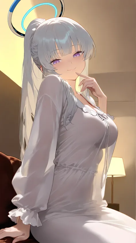 1girl,noa \(pajamas\),purple eyes,halo,white hair,white dress,ponytail,
year_2023,foreshortening,highres,high definition,absurdres,amazing quality,best quality,masterpiece,very aesthetic,masterpiece,simple background,
indoors,cowboy_shot,see-through clothe...