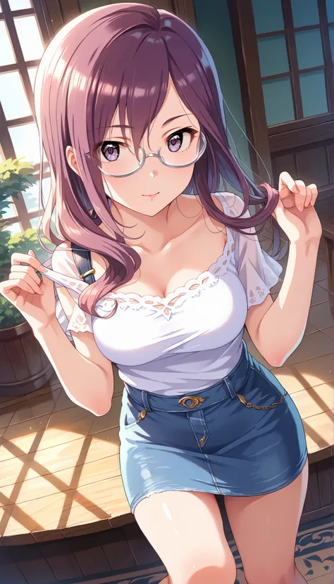 (((Yagami Makino))),light purple short sleeve blouse,denim below-the-knee skirt,Bare Chest,(((medium breasts))),(slightly long hair),((angle from above)),purple hair,Ulchan-6500-v1.1, ( RAW photos :1.2), beautiful detailed, very detailedな目,beautiful eyes, ...