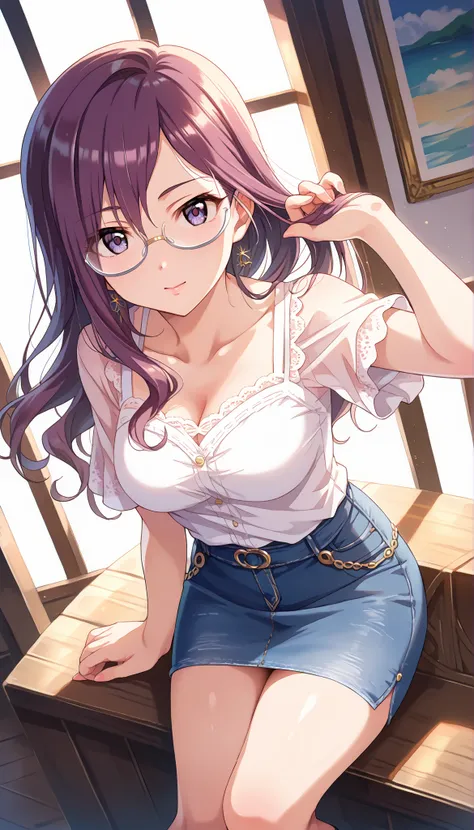 (((Yagami Makino))),light purple short sleeve blouse,denim below-the-knee skirt,Bare Chest,(((medium breasts))),(slightly long hair),((angle from above)),purple hair,Ulchan-6500-v1.1, ( RAW photos :1.2), beautiful detailed, very detailedな目,beautiful eyes, ...