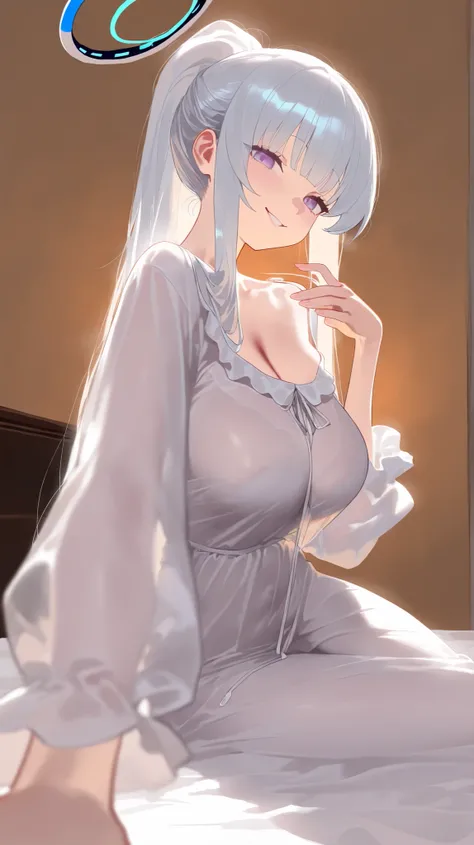 1girl,noa \(pajamas\),purple eyes,halo,white hair,white dress,ponytail,
year_2023,foreshortening,highres,high definition,absurdres,amazing quality,best quality,masterpiece,very aesthetic,masterpiece,simple background,
indoors,cowboy_shot,see-through clothe...