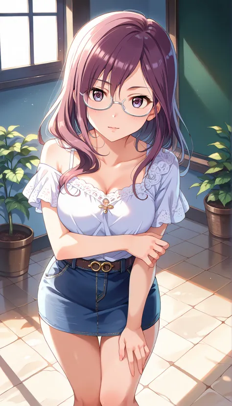 (((Yagami Makino))),light purple short sleeve blouse,denim below-the-knee skirt,Bare Chest,(((medium breasts))),(slightly long hair),((angle from above)),purple hair,Ulchan-6500-v1.1, ( RAW photos :1.2), beautiful detailed, very detailedな目,beautiful eyes, ...