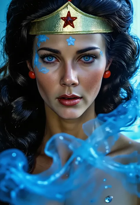 Princess Jasmine Aladdin, 18 years old, arab girl, very thick eyebrows, long black hair in a big braid, A stunning close-up of a woman entirely painted in vivid blue and adorned with floral designs, surrounded by colorful blue and gold smoke. The intricate...