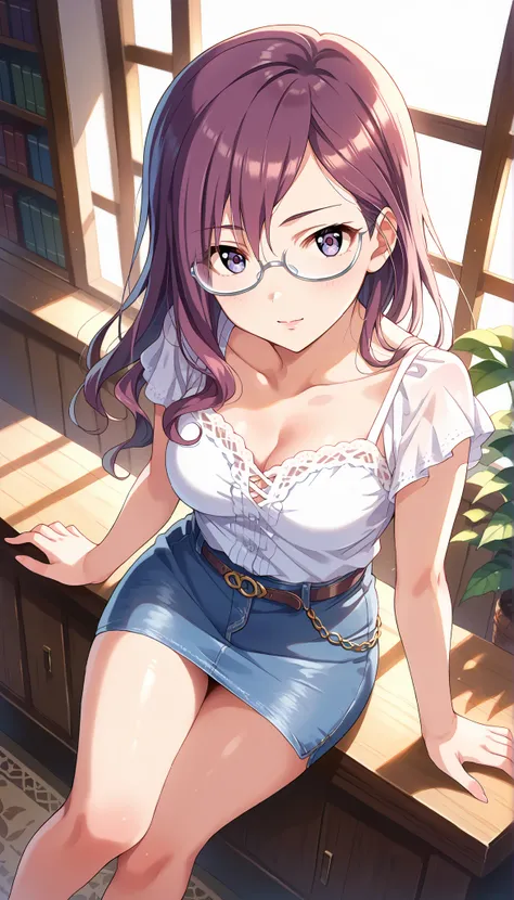 (((Yagami Makino))),light purple short sleeve blouse,denim below-the-knee skirt,Bare Chest,(((medium breasts))),(slightly long hair),((angle from above)),purple hair,Ulchan-6500-v1.1, ( RAW photos :1.2), beautiful detailed, very detailedな目,beautiful eyes, ...