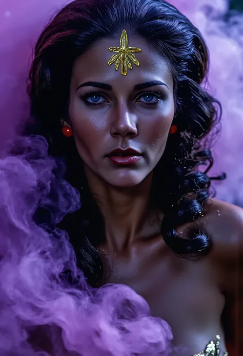 A mesmerizing close-up of a woman fully painted in black with glowing yellow accents, enveloped in swirling purple and white smoke. The intricate body art and vibrant smoke create a surreal and powerful image, symbolizing the strength and mystique of women...