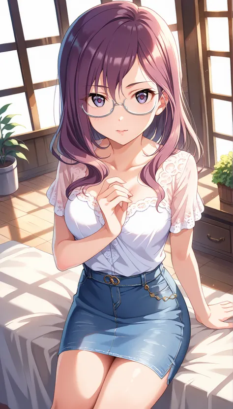 (((Yagami Makino))),light purple short sleeve blouse,denim below-the-knee skirt,Bare Chest,(((medium breasts))),(slightly long hair),((angle from above)),purple hair,Ulchan-6500-v1.1, ( RAW photos :1.2), beautiful detailed, very detailedな目,beautiful eyes, ...