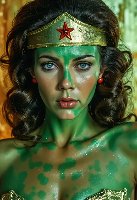 A stunning close-up of a woman entirely painted in vivid green and adorned with floral designs, surrounded by colorful red and yellow smoke. The intricate body paint and swirling smoke create a surreal and powerful image, symbolizing the strength of women ...