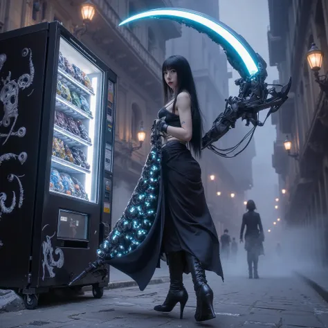A sultry gothic beauty (slinky black dress, pale body powder, black makeup, dark hair, dark boots, glowing azure scythe, sack of glowing blue soul orbs) is walking to a vending machine in a foggy gothic city, enormous foreboding dimly lit building with in...
