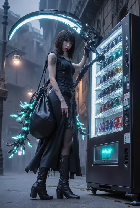 A sultry gothic beauty (slinky black dress, pale body powder, black makeup, dark hair, dark boots, glowing azure scythe, sack of glowing blue soul orbs) is walking to a vending machine in a foggy gothic city, enormous foreboding dimly lit building with in...