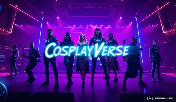 Main Description:

Background: Futuristic stage with purple and blue neon lighting, creating an epic and modern atmosphere.

Theme: The energetic world of cosplay, featuring characters from various genres (anime, superhero, fantasy).

Text: "CosplayVerse" ...