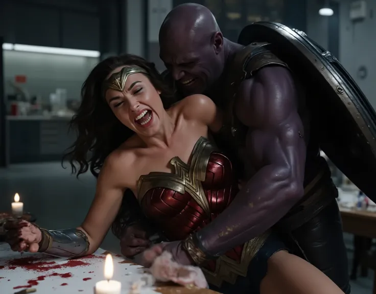 Gal Gadot as Wonder woman, both hands on table, she is bend over ,Thanos is doing sexual intercourse from behind, she's crying, she's in pain shouting, fierce monster fucking harder and harder