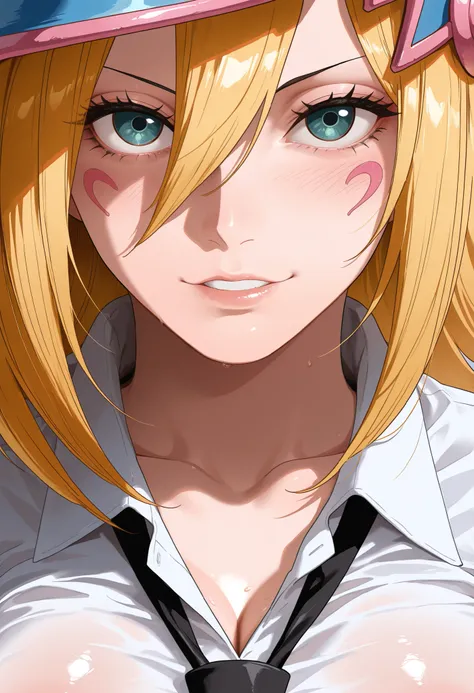 masterpiece, best quality, amazing quality, 1girl, (Dark Magician Girl, Chainsaw man, One Piece, blue eyes, yellow hair), wearing white office uniform, Pleasure Face, close up shot, simple background, medium size , golden ratio face, sexy pose, Pinkish ski...