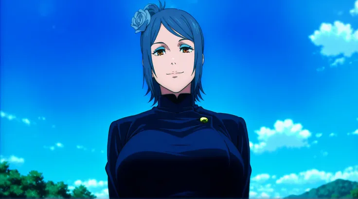 front view,
1girl,mature female,milf,huge breasts,upper body,looking at viewer,
Best quality,masterpiece,,high quality,highres,absurdres,epic scene,natural textures,konan,hair flower,flower,hair ornament,blue hair,blue eyeshadow,orange eyes, wearing a mode...