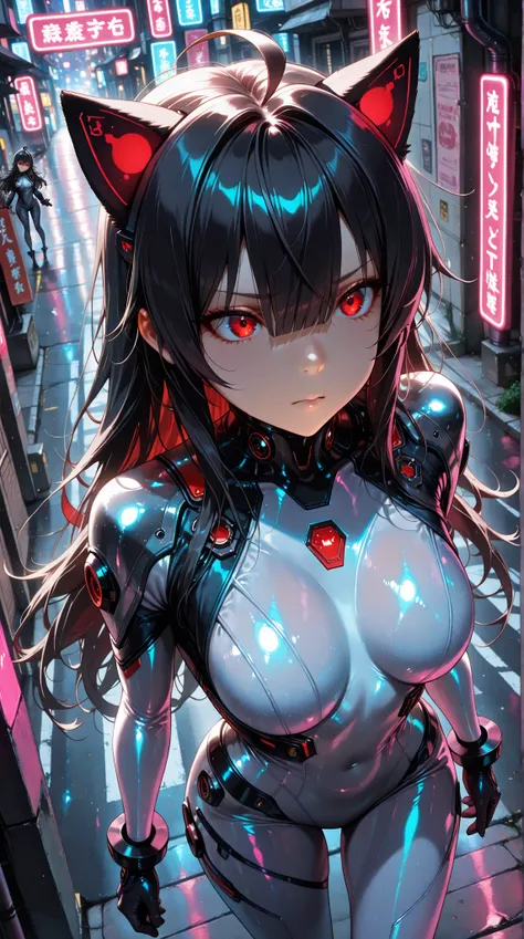 masterpiece, Beautifully drawn, a chic{(, junkotvvxl , red eyes, black hair, cat ears, blows, hair between eyes, long hair, , (Ahoge), straight bangs, hair between eyes,
),  breasts, body suit, }, Futuristic Tokyo , street, neon light,  amazing lighting , ...