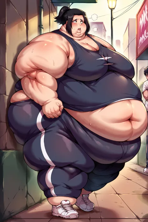 1girl, karinkurosaki, black eyes, black hair, ponytail, short hair, tank top, black sweatpants, shoes, giant hands, giant feet, fat, chubby, obese, gigantic arms and legs, gigantic breasts, sagging breasts, full body shot, fat, legs spread open, bottom hea...