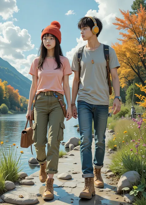 surrealism , Artwork, 8K quality, Walking along the riverbank(girl、high school student wearing loose moss green cargo pants and pink t-shirt,Red knitted hat)and(boy、gray shirt and jeans)、headphones 、 Trekking Boots 、 色andりどりのアクセサリー、 anatomically accur...