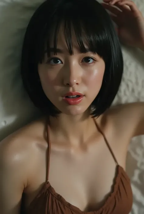 (( of the highest quality )), ((masterpiece)), ( details), first-person view ,1 girl, petite women, Voluptuous women ,( in the bedroom ),((and open my mouth wide )),((very large breasts, underwear, short bob)), black hair , (( without mak...