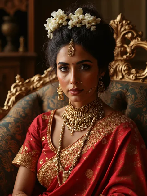 A breathtaking South Asian woman radiates regal charm in a resplendent red silk saree, meticulously woven with intricate gold zari embroidery and adorned with elaborate floral and paisley motifs. The saree’s opulent border, featuring temple-inspired patter...