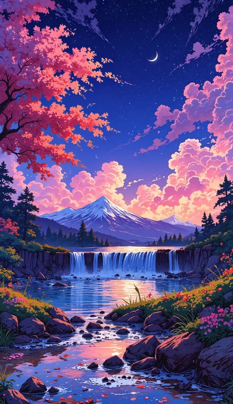 "A breathtaking anime-style landscape at twilight, featuring a vast, serene lake reflecting the vibrant hues of the sky. Majestic mountains with snow-capped peaks rise in the distance, partially covered by soft mist. A lush cherry blossom tree with glowing...