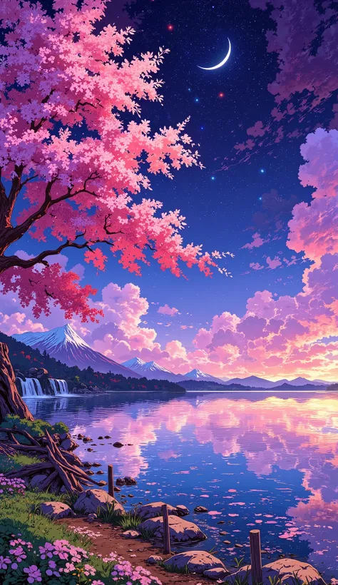 "A breathtaking anime-style landscape at twilight, featuring a vast, serene lake reflecting the vibrant hues of the sky. Majestic mountains with snow-capped peaks rise in the distance, partially covered by soft mist. A lush cherry blossom tree with glowing...