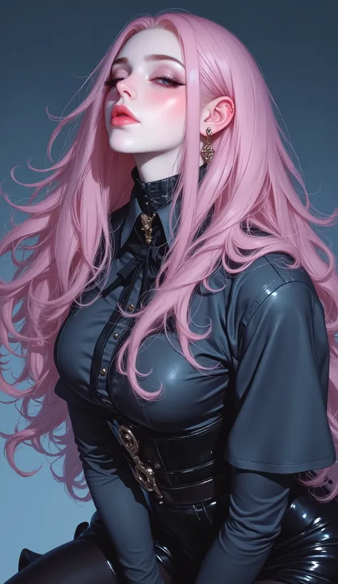 Close-up portrait of a a beautiful woman in a dark dress with pink blue shade hair is shown in the digital art, 1girl, solo, closed eyes, long hair, pink hair, hair flowing in breeze, beautiful art, best quality,more_details:-1, more_details:0, more_detai...