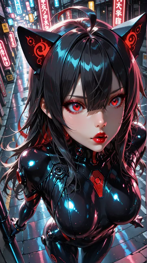 masterpiece, Beautifully drawn, a chic{(, junkotvvxl , red eyes, black hair, cat ears, blows, hair between eyes, long hair, , (Ahoge), straight bangs, hair between eyes, (Bright red lips)
),  breasts, body suit, }, Futuristic Tokyo , street, neon light,  a...