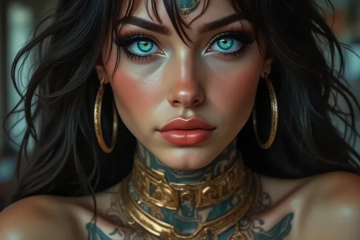 Close-up of a woman's face with the following details:
 * Olhos: The eyes are large and striking, with a bright turquoise color and an effect reminiscent of cat or reptile eyes,  with vertical pupils .
 * Maquiagem: The makeup is well designed,  with long ...