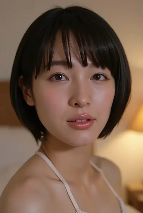 (( of the highest quality )), ((masterpiece)), ( details), first-person view ,1 girl, petite women, Voluptuous women ,( in the bedroom ),(( セクシーなunderwear )),((Big Breasts, underwear, short bob)), black hair with a young pattern , (( wi...