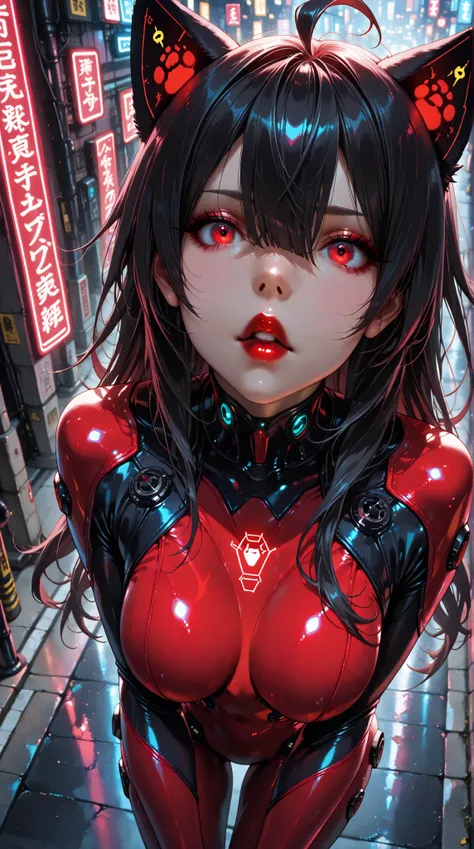 masterpiece, Beautifully drawn, a chic{(, junkotvvxl , red eyes, black hair, cat ears, blows, hair between eyes, long hair, , (Ahoge), straight bangs, hair between eyes, (Bright red lips)
), breasts, body suit, }, Futuristic Tokyo , street, neon light, a...