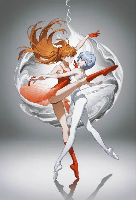 masterpiece,best quality,film grain,high contrast,color contrast,cold colors,gritty,graphite \\\\(medium\\\\),
2girl,duo, Asuka Langley and Ayanami Rei from eva,duo,bangs, hair ornament, full body,dancing ballet, Y0ney4m4_illu,digital art, surreal, dynamic...