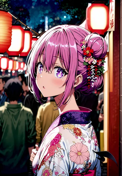 score_9, score_8_up, score_7_up, source_anime,
Momo Devil, Momo Deviluke, solo,Demon Tail,  hair flower, hair ornament, purple eyes, Picnic, side lock,single bun hair,Nape,Pink floral kimono,standing,Red Lantern,Japanese stalls ,Light up fireworks,night,cr...
