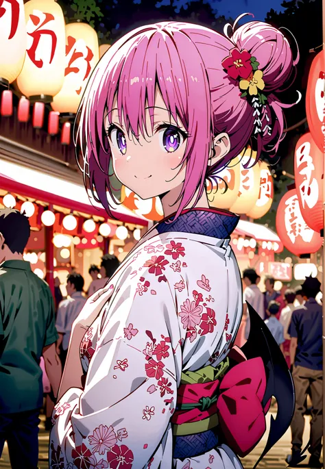 Momo Devil, Momo Deviluke, solo,Demon Tail,  hair flower, hair ornament, purple eyes, Picnic, smile,cover,close your mouth,side lock,single bun hair,Nape,Pink floral kimono,standing,Red Lantern,Japanese stalls ,Light up fireworks,night,crowd,full bodyがillu...