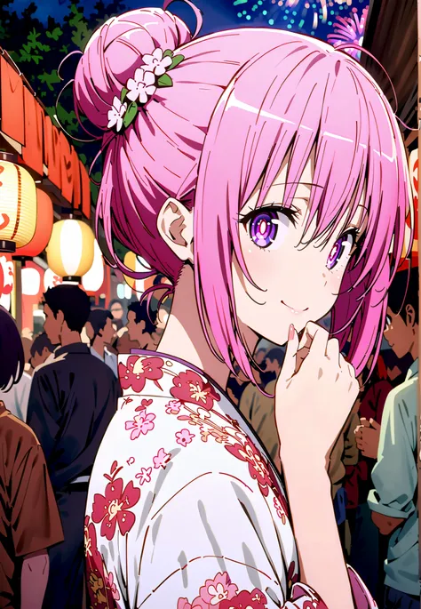 Momo Devil, Momo Deviluke, solo,Demon Tail,  hair flower, hair ornament, purple eyes, Picnic, smile,cover,close your mouth,side lock,single bun hair,Nape,Pink floral kimono,standing,Red Lantern,Japanese stalls ,Light up fireworks,night,crowd,full bodyがillu...