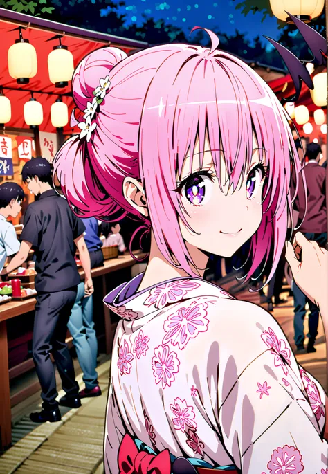 Momo Devil, Momo Deviluke, solo,Demon Tail,  hair flower, hair ornament, purple eyes, Picnic, smile,cover,close your mouth,side lock,single bun hair,Nape,Pink floral kimono,standing,Red Lantern,Japanese stalls ,Light up fireworks,night,crowd,full bodyがillu...