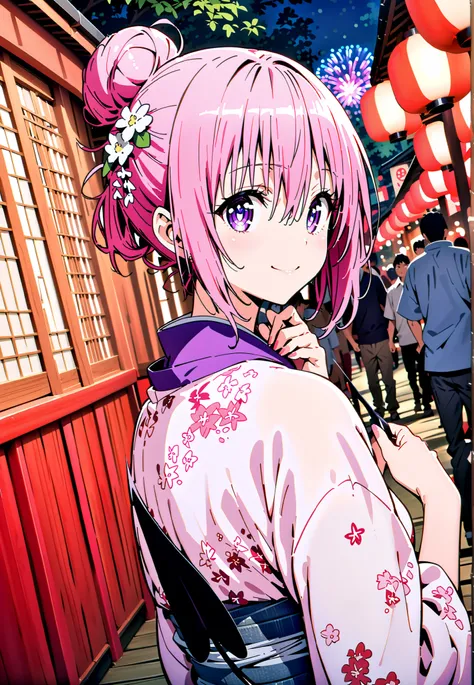 Momo Devil, Momo Deviluke, solo,Demon Tail,  hair flower, hair ornament, purple eyes, Picnic, smile,cover,close your mouth,side lock,single bun hair,Nape,Pink floral kimono,standing,Red Lantern,Japanese stalls ,Light up fireworks,night,crowd,full bodyがillu...