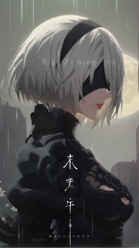 masterpiece, best quality, absurd, highres, newest, 1 girl, solo, night, moon, 2B (nier:automata, yorha no. 2 type b, 1 girl, Blindfold, breasts, cleavage, cutout neckline, cutout neckline, clothing cutout, green background, hair between eyes, headband, hi...