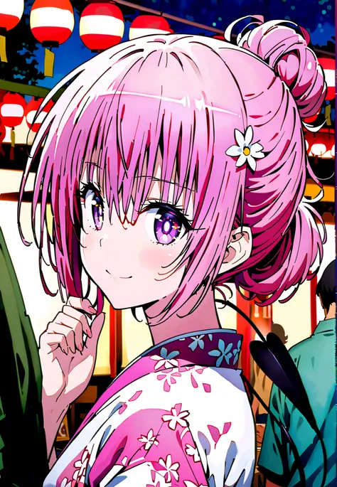Momo Devil, Momo Deviluke, solo,Demon Tail,  hair flower, hair ornament, purple eyes, Picnic, smile,cover,close your mouth,side lock,single bun hair,Nape,Pink floral kimono,standing,Red Lantern,Japanese stalls ,Light up fireworks,night,crowd,full bodyがillu...