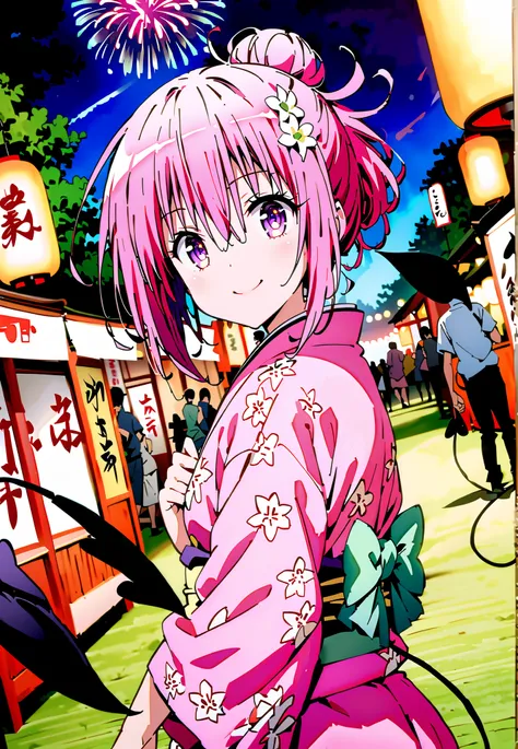 Momo Devil, Momo Deviluke, solo,Demon Tail,  hair flower, hair ornament, purple eyes, Picnic, smile,cover,close your mouth,side lock,single bun hair,Nape,Pink floral kimono,standing,Red Lantern,Japanese stalls ,Light up fireworks,night,crowd,full bodyがillu...