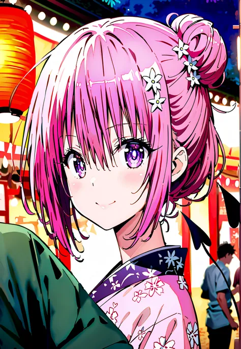 Momo Devil, Momo Deviluke, solo,Demon Tail,  hair flower, hair ornament, purple eyes, Picnic, smile,cover,close your mouth,side lock,single bun hair,Nape,Pink floral kimono,standing,Red Lantern,Japanese stalls ,Light up fireworks,night,crowd,full bodyがillu...