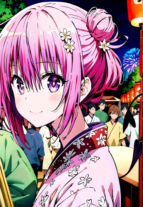 Momo Devil, Momo Deviluke, solo,Demon Tail,  hair flower, hair ornament, purple eyes, Picnic, smile,cover,close your mouth,side lock,single bun hair,Nape,Pink floral kimono,standing,Red Lantern,Japanese stalls ,Light up fireworks,night,crowd,full bodyがillu...