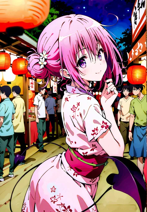 Momo Devil, Momo Deviluke, solo,Demon Tail,  hair flower, hair ornament, purple eyes, Picnic, smile,cover,close your mouth,side lock,single bun hair,Nape,Pink floral kimono,standing,Red Lantern,Japanese stalls ,Light up fireworks,night,crowd,full bodyがイラスト...